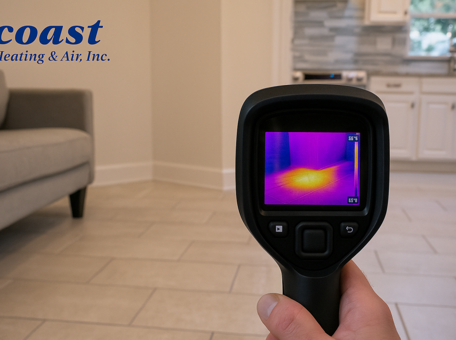 Thermal imaging camera showing a bright orange hotspot on flooring in a Long Beach home, indicating a slab leak, with Coast Plumbing branding visible.