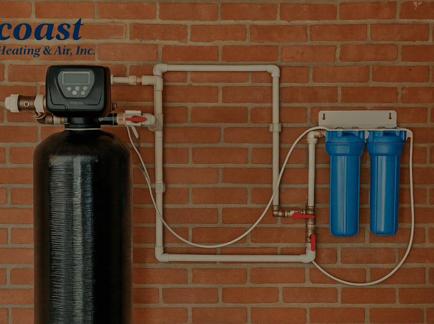 Whole-home water filtration system with catalytic carbon tank and dual blue canister filters installed in a Long Beach home, branded with Coast Plumbing logo.