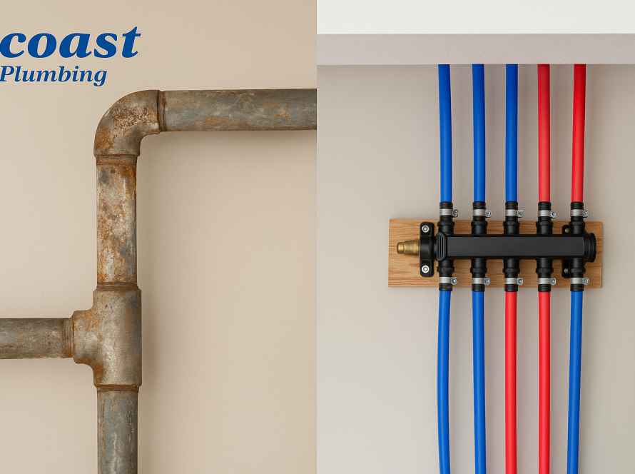 Side-by-side comparison of corroded galvanized steel pipes and a modern PEX plumbing manifold with Coast Plumbing branding.