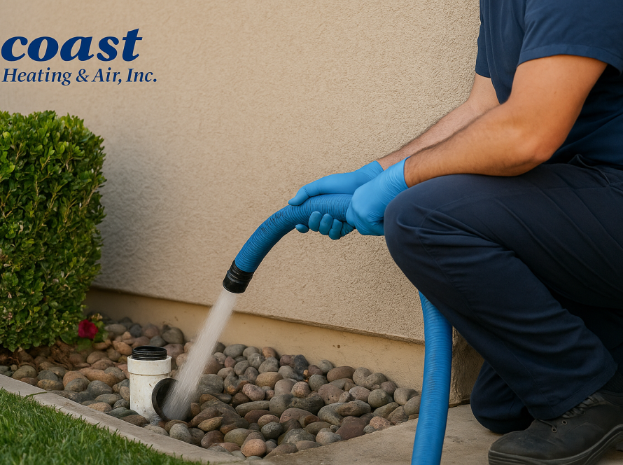 Coast Plumbing hydro-jet hose connected to a residential sewer cleanout in Long Beach.