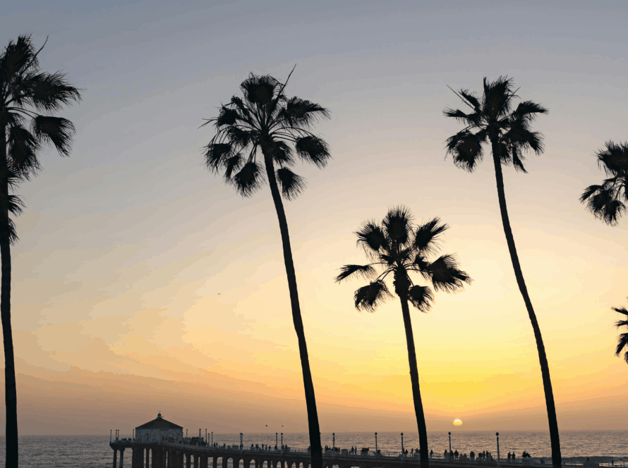 Silhouetted palm trees along a sunset-lit beach with a pier stretching into the ocean and people walking nearby.